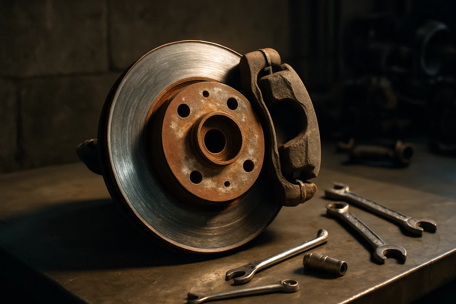 Brake rotor and caliper assembly on a workbench under shop lighting
