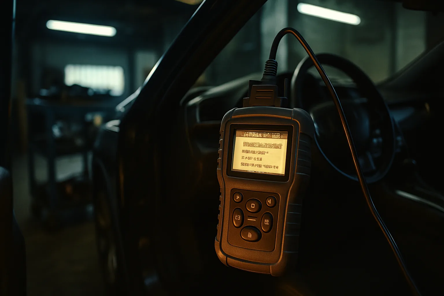 Engine diagnostic scanner connected to vehicle port in garage bay